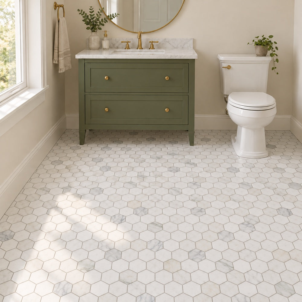 Calacatta Prestige 3-inch hexagon marble mosaic bathroom floor room scene