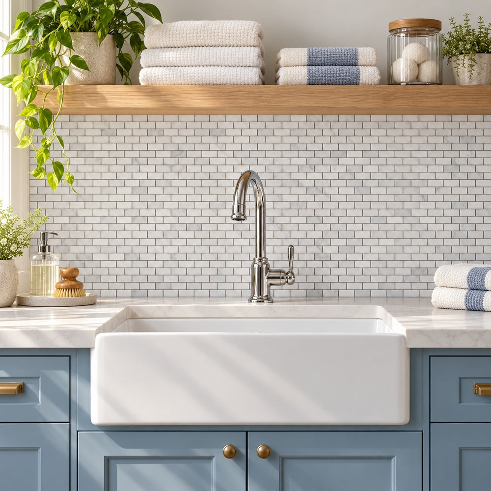 Calacatta Prestige baby brick marble mosaic laundry backsplash room scene