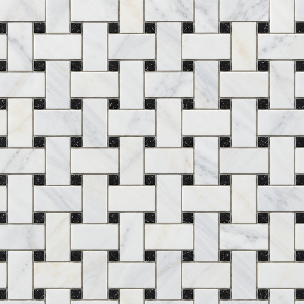 Calacatta Prestige basketweave with black marble dots installed close-up
