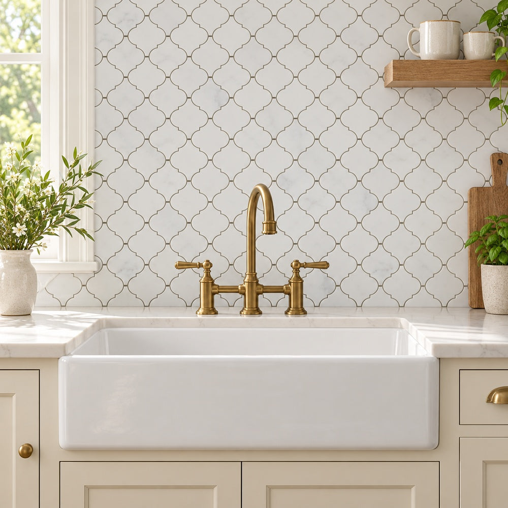 Calacatta Prestige lantern arabesque marble mosaic kitchen backsplash room scene