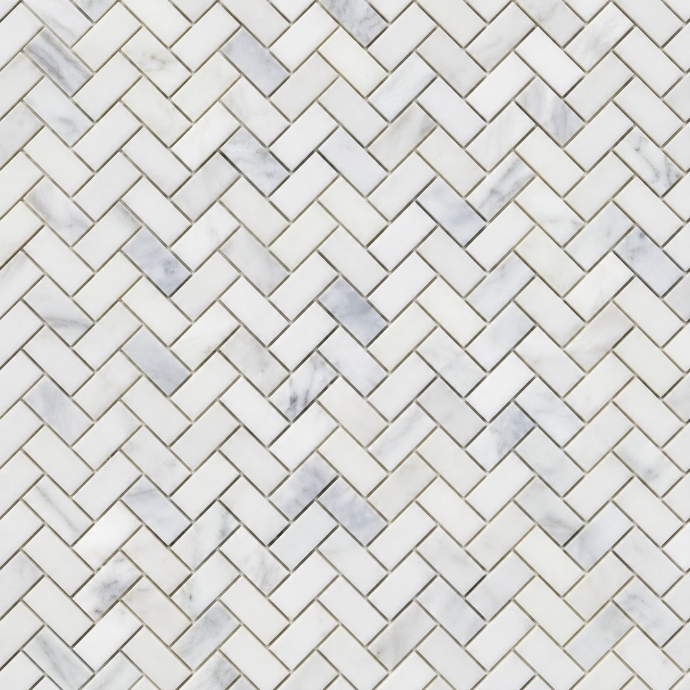 Calacatta Prestige mini herringbone installed marble close-up