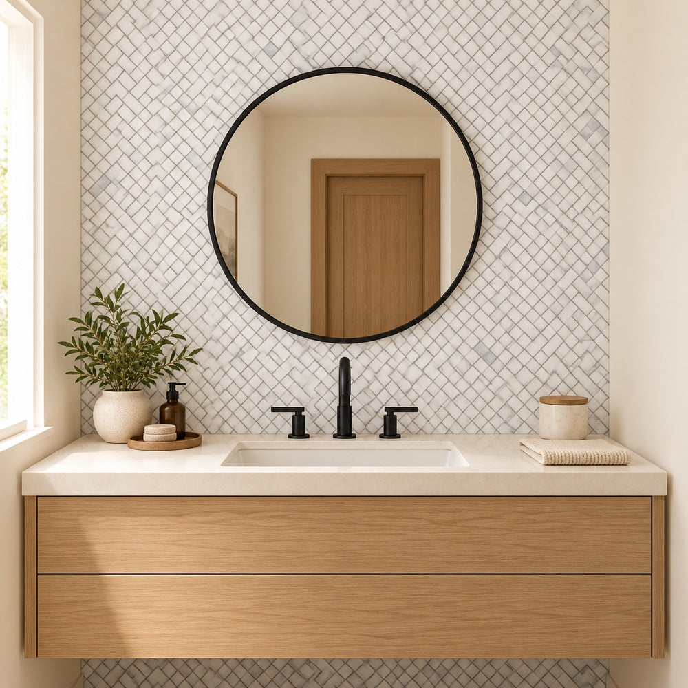 Calacatta Prestige mini herringbone marble mosaic vanity wall room scene