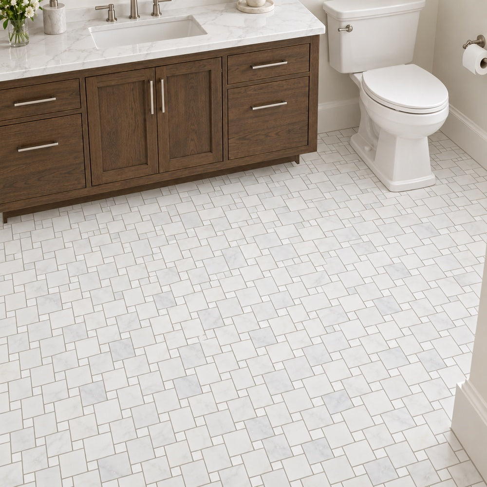 Calacatta Prestige Mini Versailles small marble mosaic bathroom floor room scene