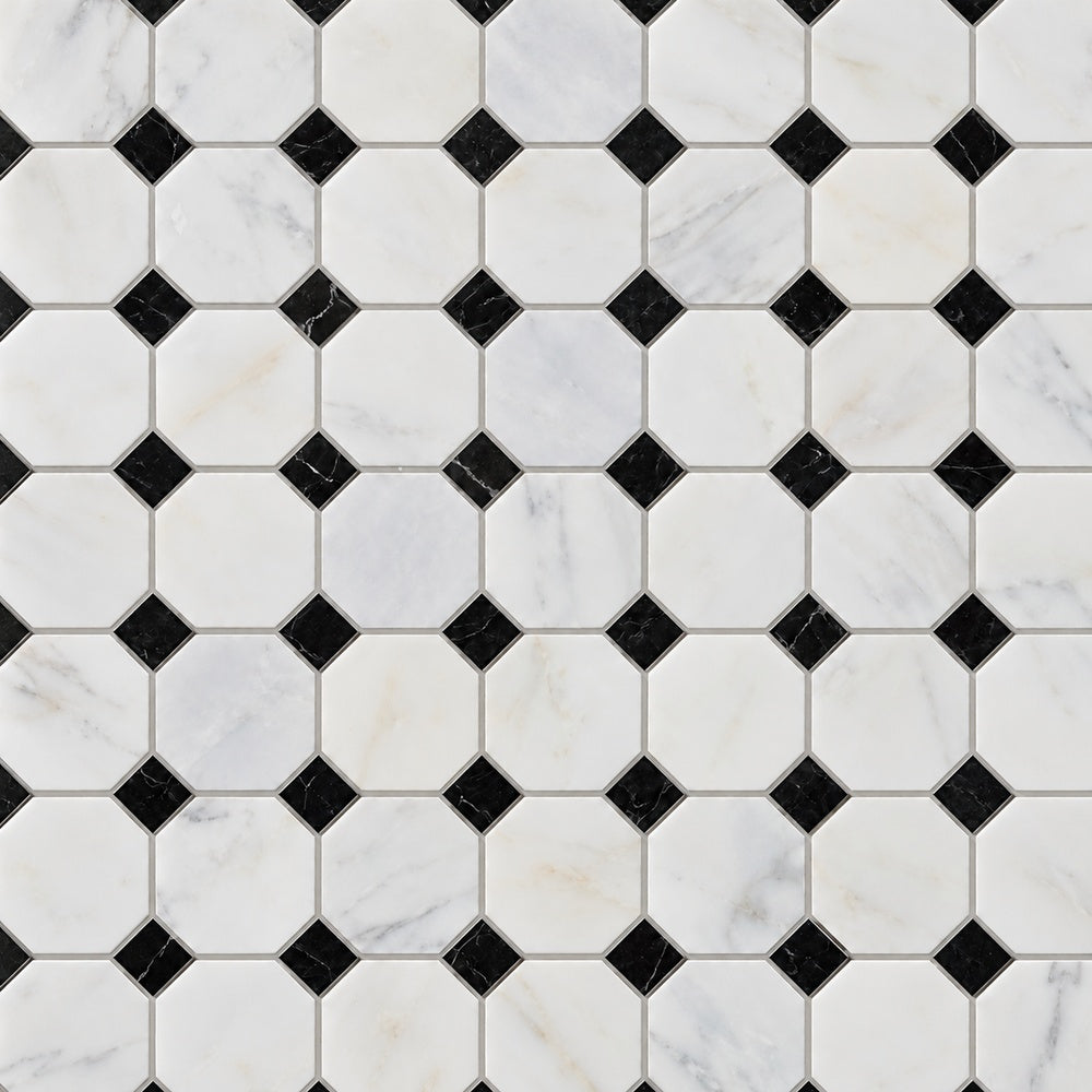 Calacatta Prestige octagon with black marble dots installed close-up