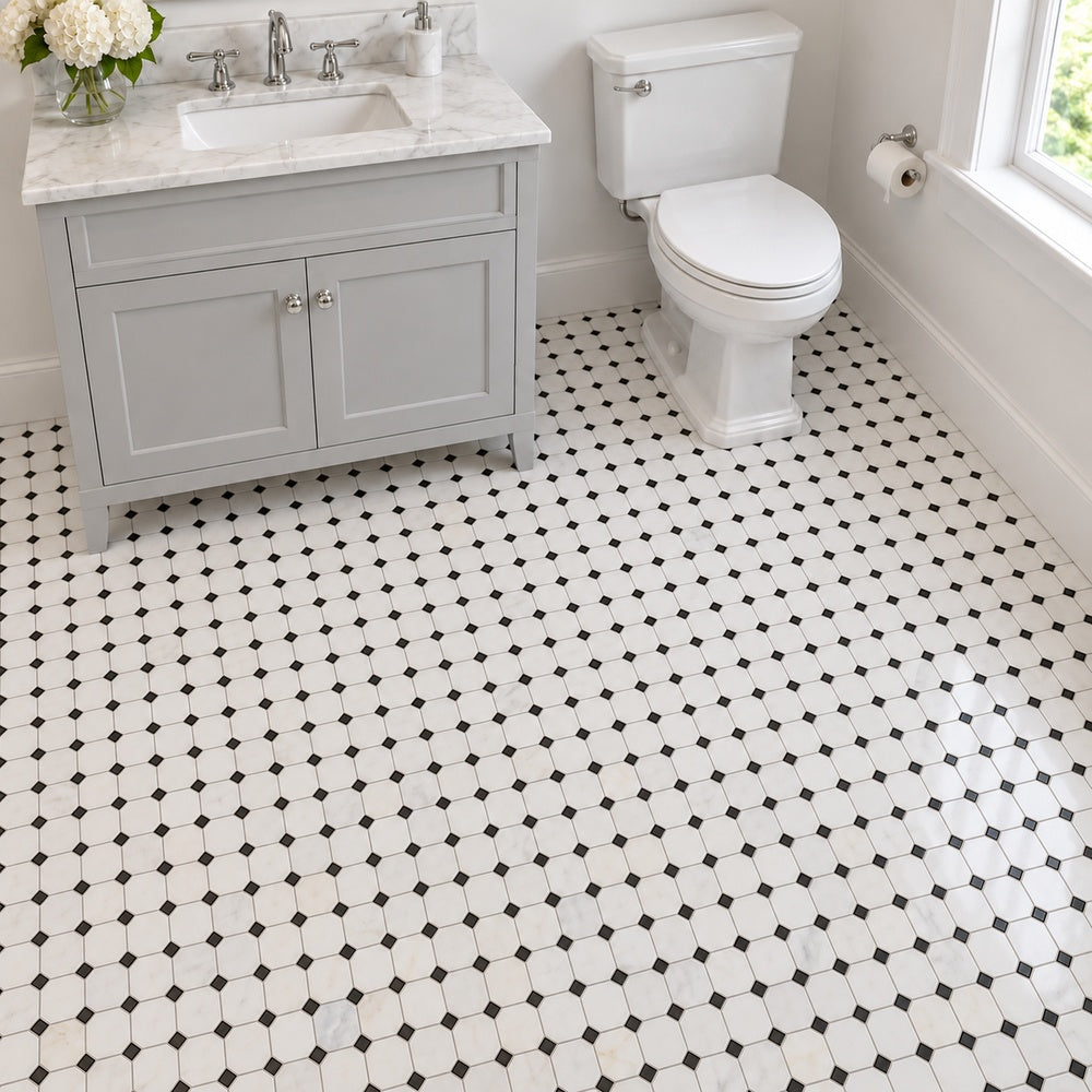 Calacatta Prestige octagon with black marble dots small mosaic bathroom floor room scene