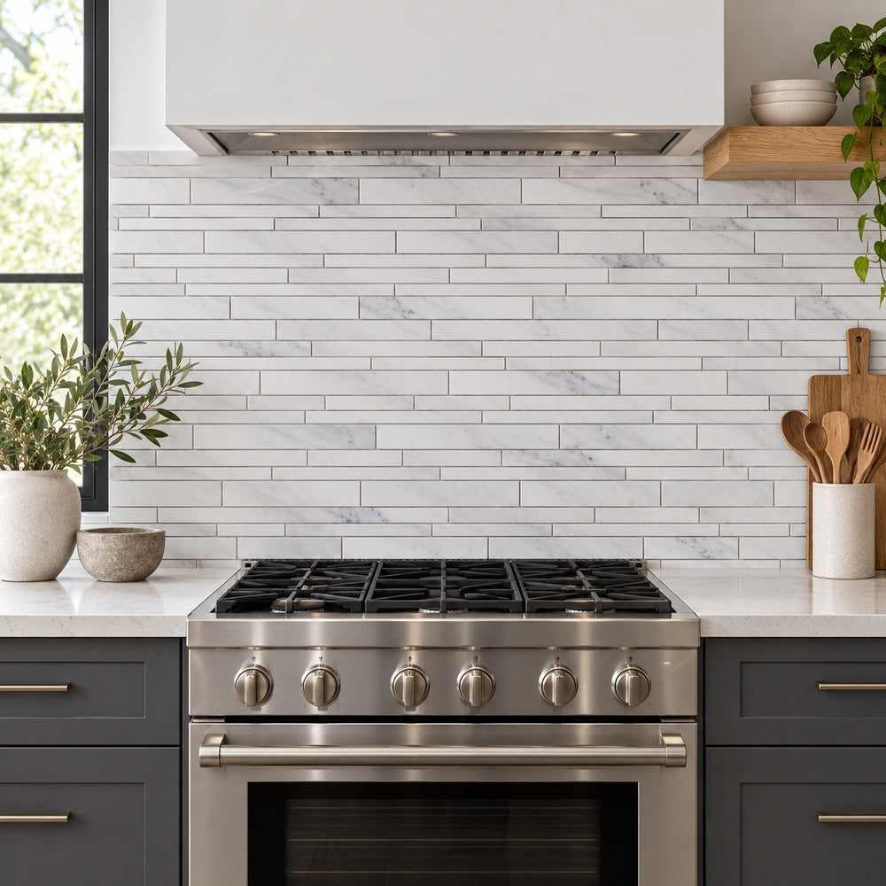 Calacatta Prestige random strip marble mosaic kitchen backsplash room scene