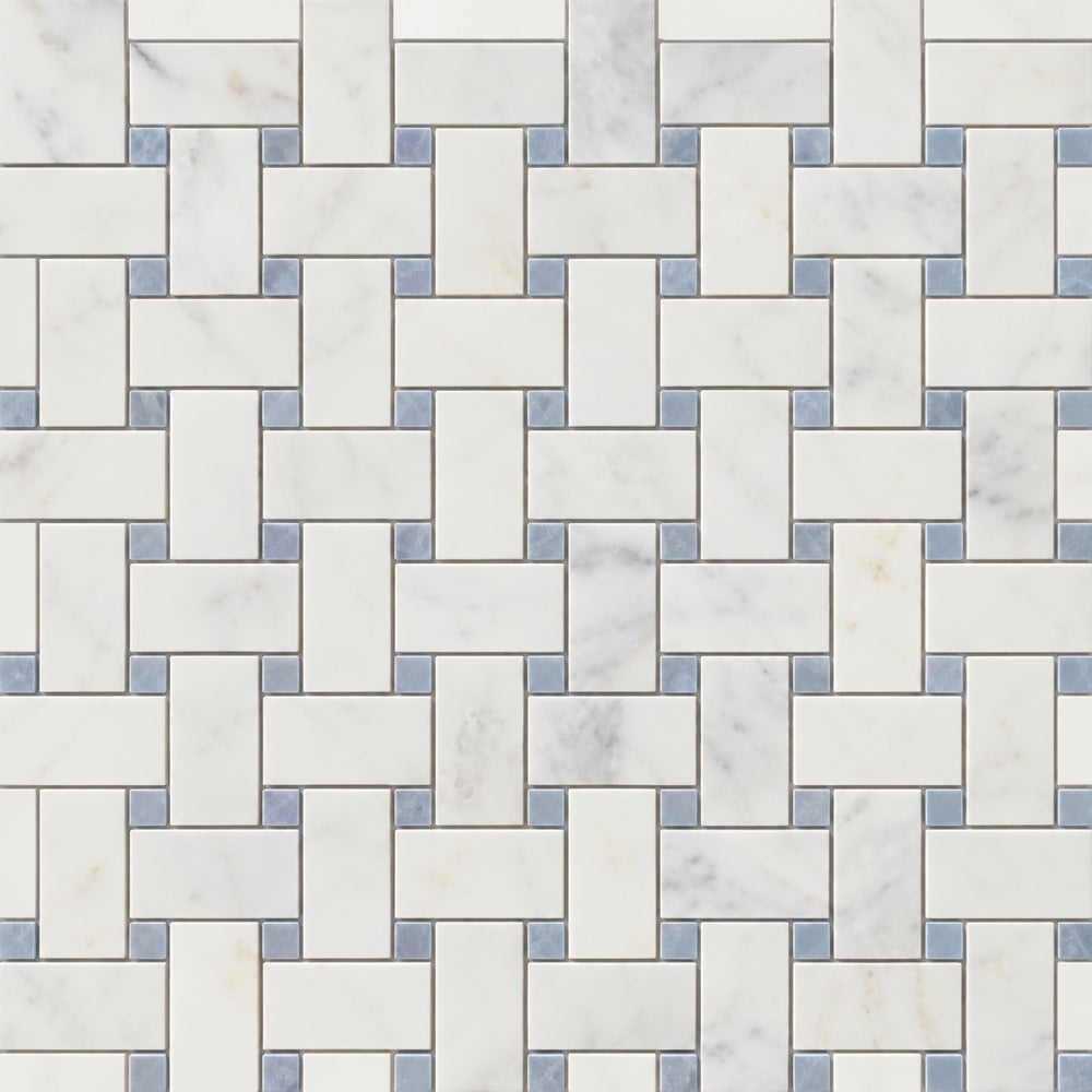 Calacatta Prestige basketweave with blue marble dots installed close-up