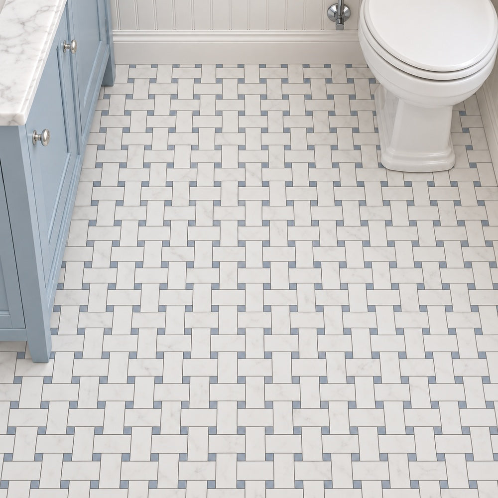 Calacatta Prestige basketweave with blue marble dots bathroom floor room scene