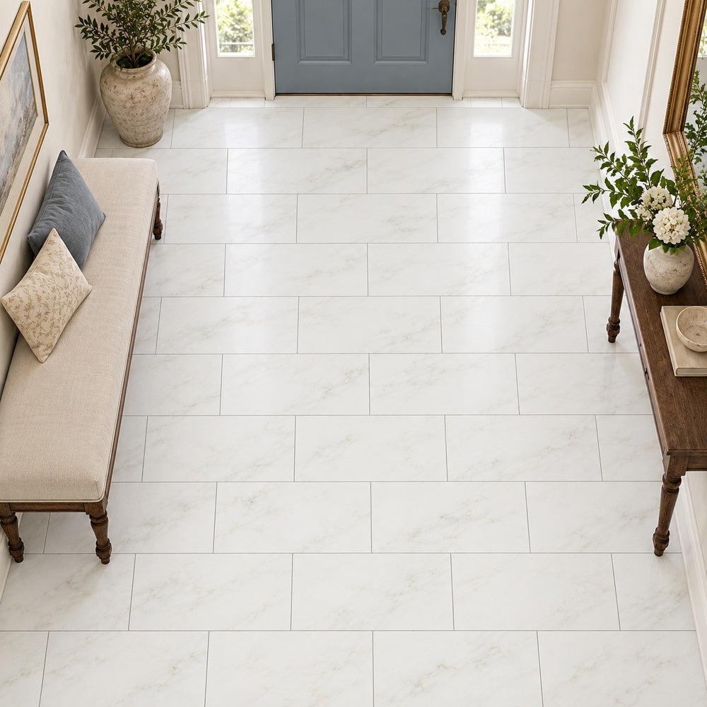 Calacatta Prestige 12x24 marble floor in entry hall, half-offset installation