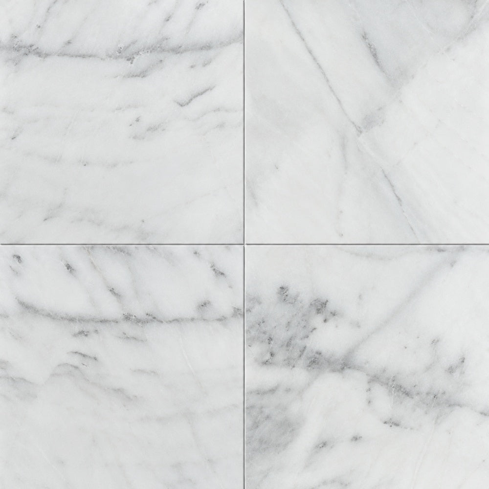 Calacatta Prestige 18x18 square field tile installed marble close-up