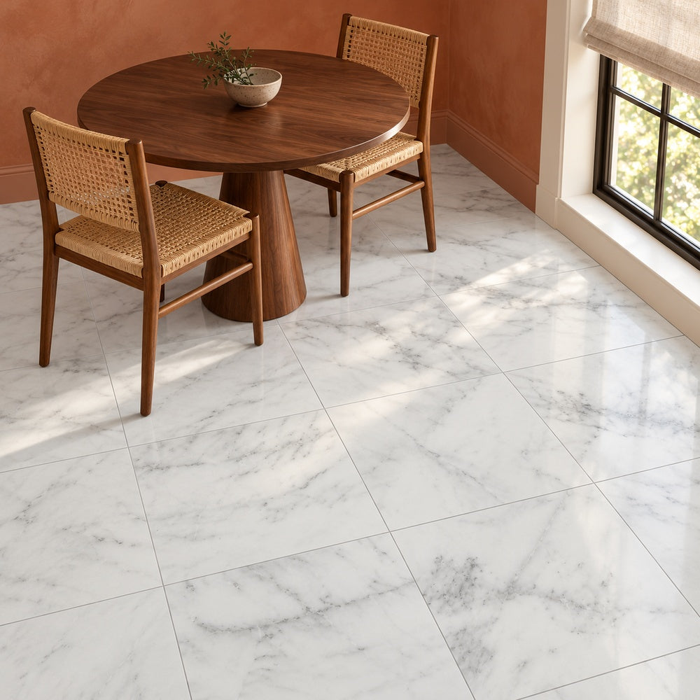 Calacatta Prestige 18x18 square marble floor in terracotta dining nook