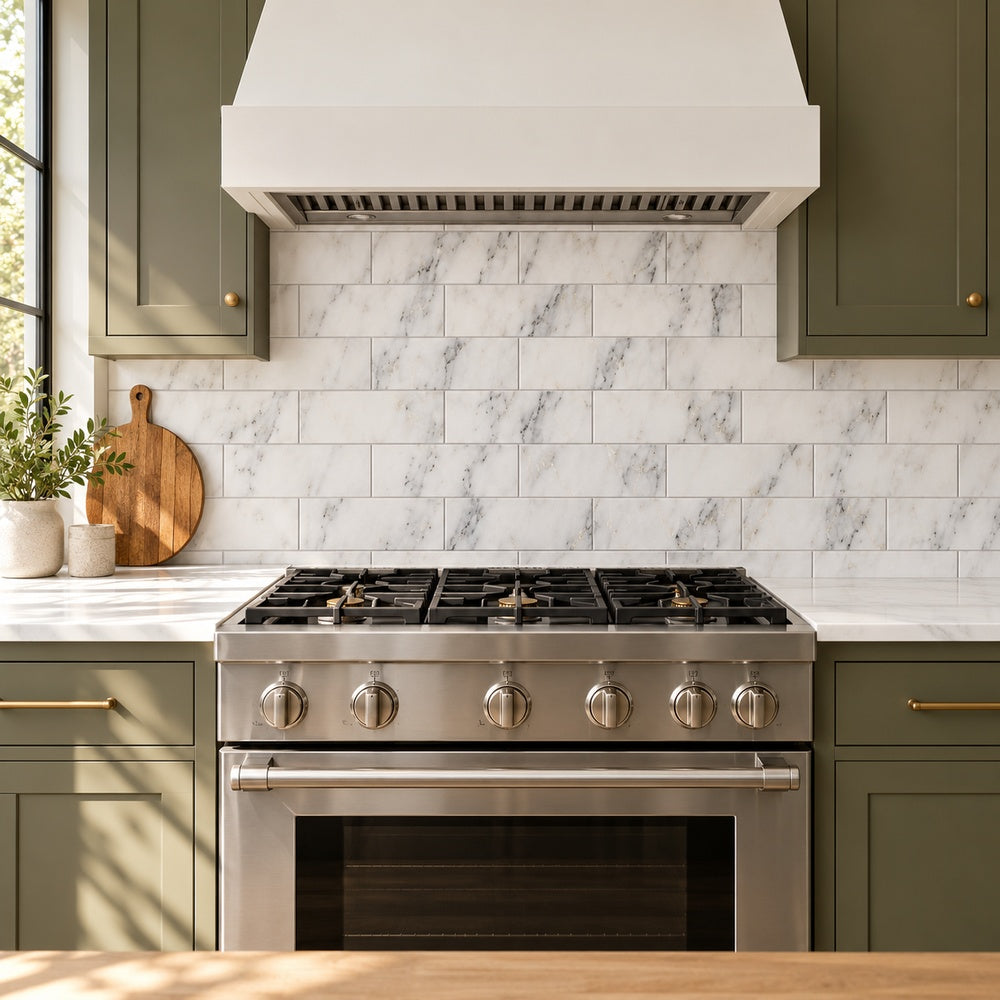 Calacatta Prestige 4x12 marble kitchen backsplash room scene