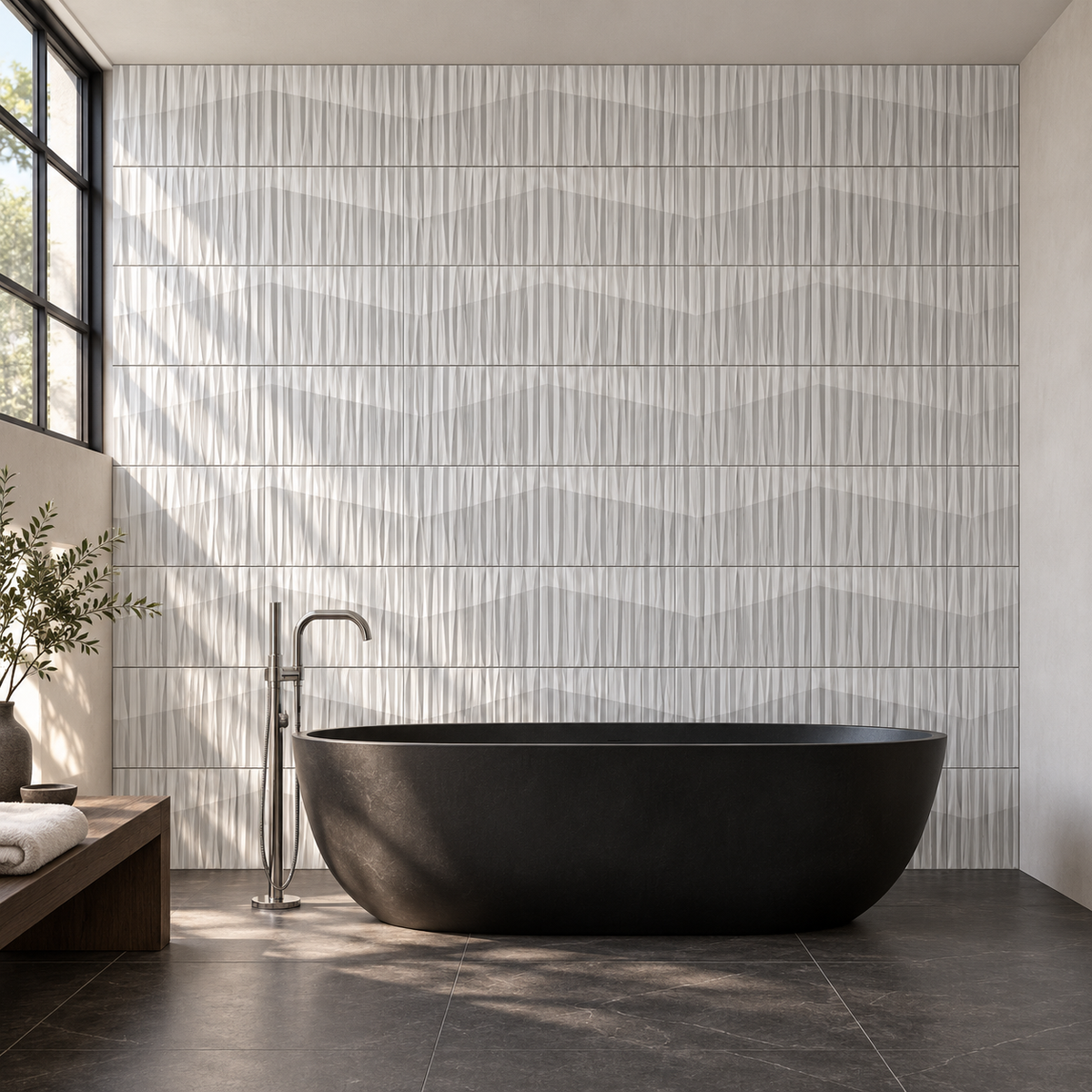 Ridge Groove 12x36 R Ceramic Tile – bathroom scene with 12x36 wall tiles