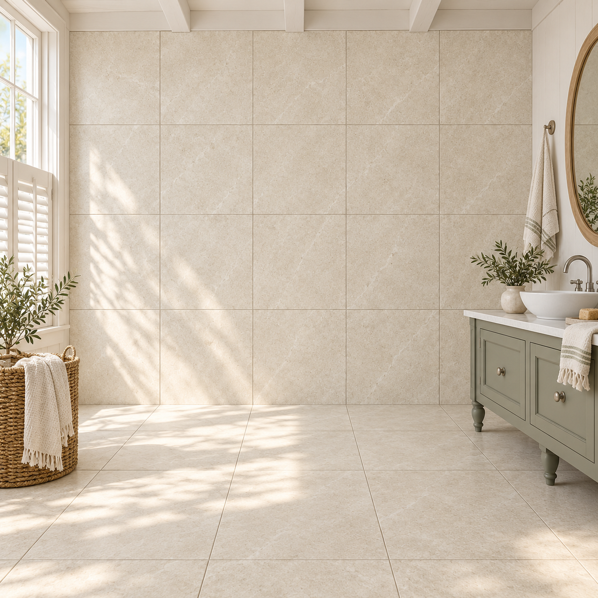 Rivora Beige 24x24 Porcelain Tile Matte – bathroom scene with 24x24 square tiles