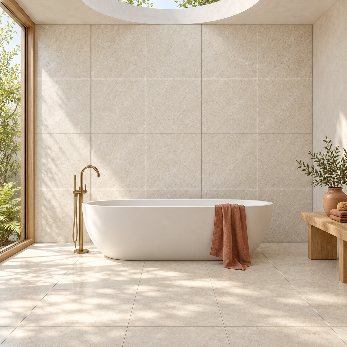 Rivora Beige 24x24 Porcelain Tile Matte – bathroom scene with 24x24 square tiles
