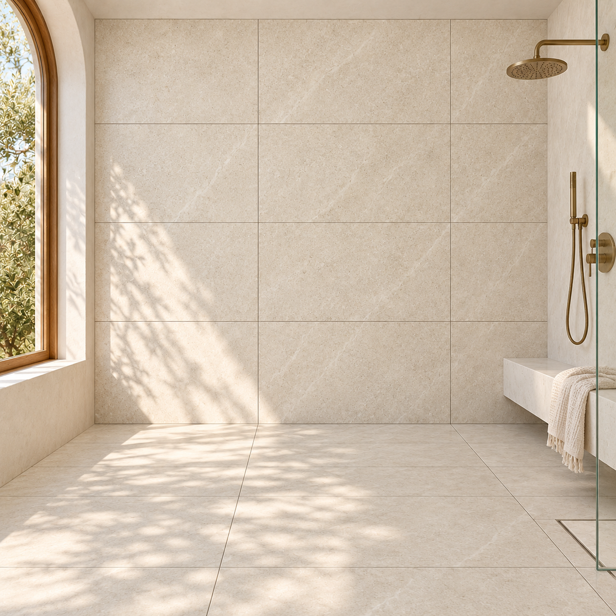 Rivora Beige 24x48 Porcelain Tile Matte – bathroom scene with correctly scaled tiles