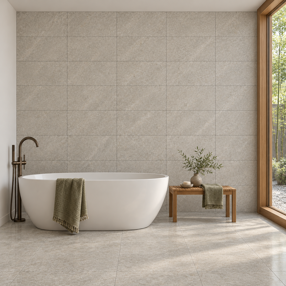 Rivora Gris 12x24 Porcelain Tile Matte – bathroom scene with correctly scaled tiles
