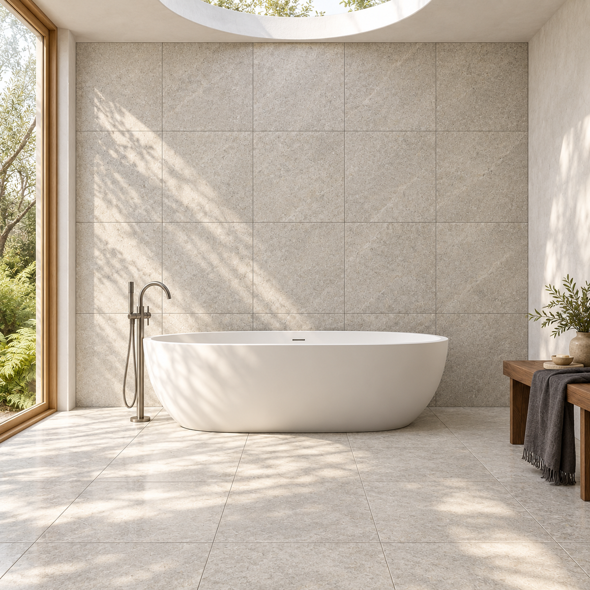 Rivora Gris 24x24 Porcelain Tile Matte – bathroom scene with 24x24 square tiles