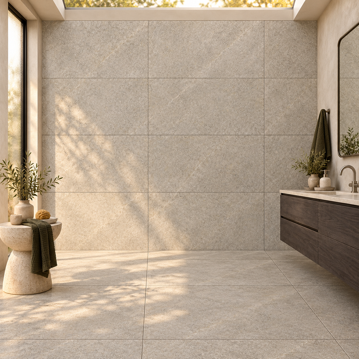 Rivora Gris 24x48 Porcelain Tile Matte – bathroom scene with correctly scaled tiles