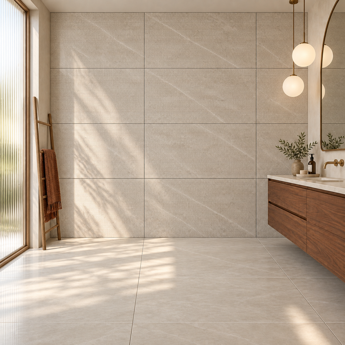 Rivora Rigato Beige 24x48 Porcelain Tile Matte – bathroom scene with 24x48 tiles