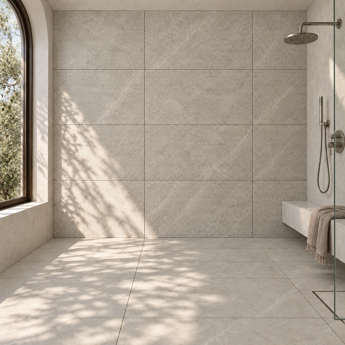 Rivora Rigato Gris 24x48 Porcelain Tile Matte – bathroom scene with 24x48 tiles
