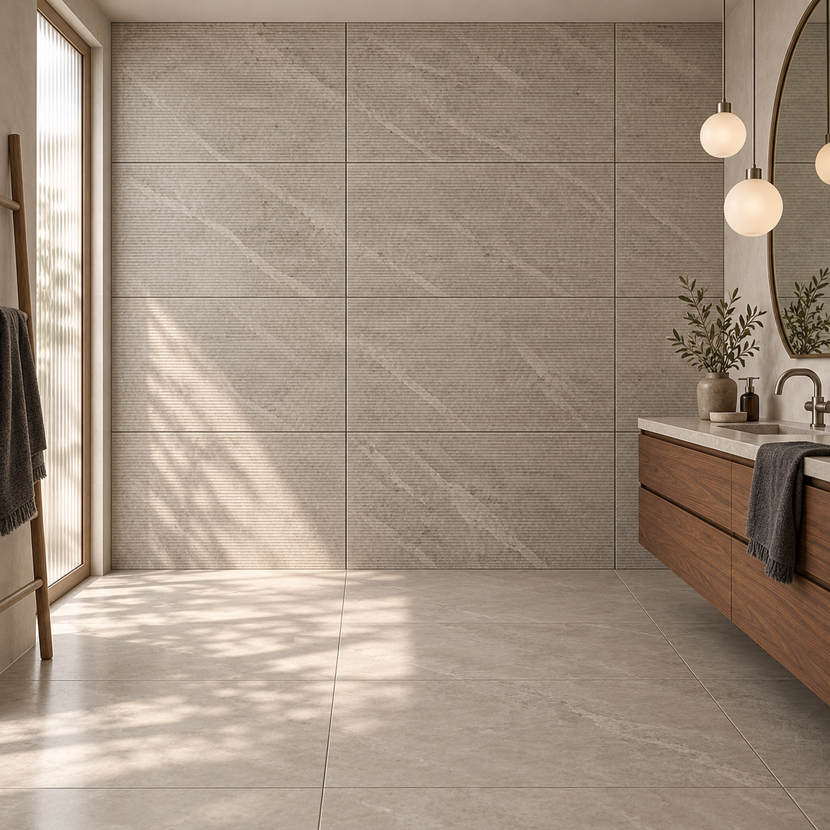 Rivora Rigato Gris 24x48 Porcelain Tile Matte – bathroom scene with 24x48 tiles