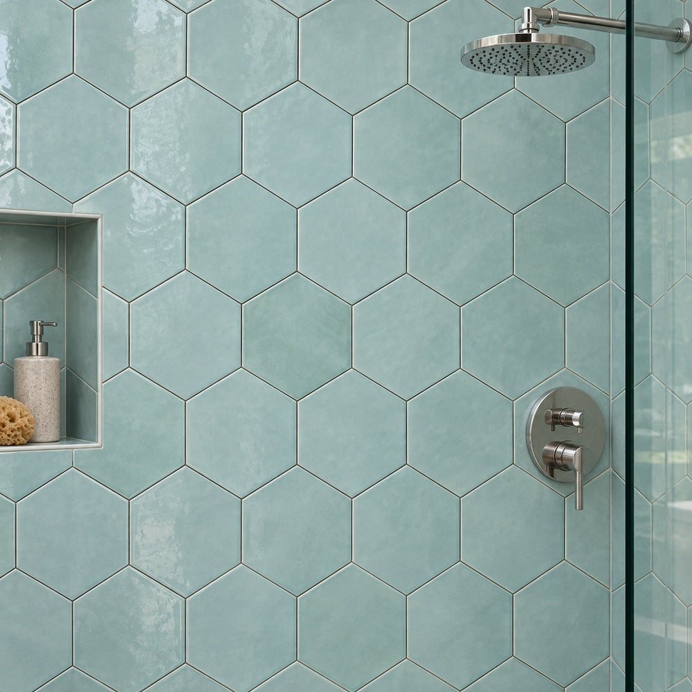 San Fran Aqua 7x8 Hexagon Ceramic Tile Glossy room scene