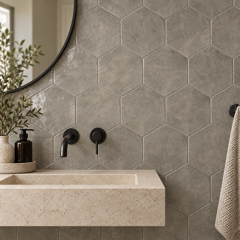 San Fran Taupe 7x8 Hexagon Ceramic Tile Glossy room scene