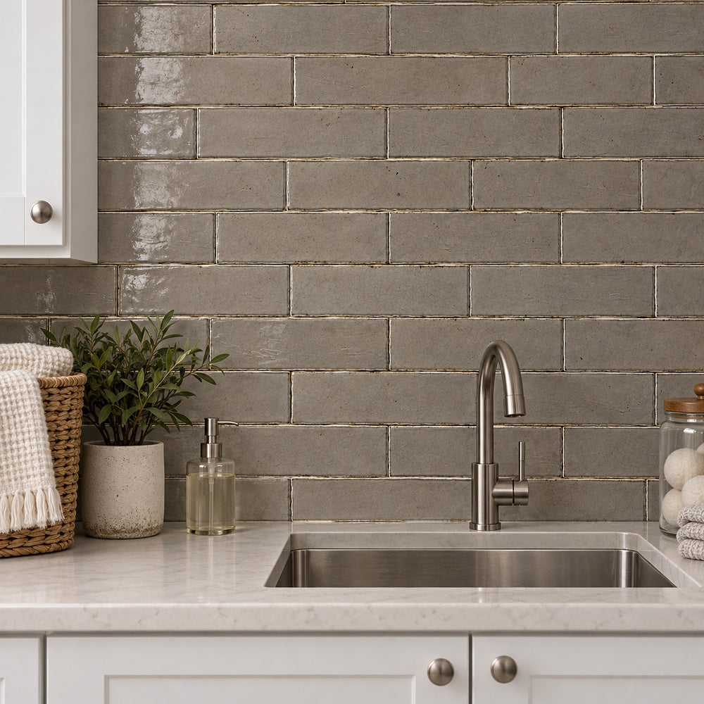 San Fran Taupe Crackled 3x12 Ceramic Tile Glossy room scene