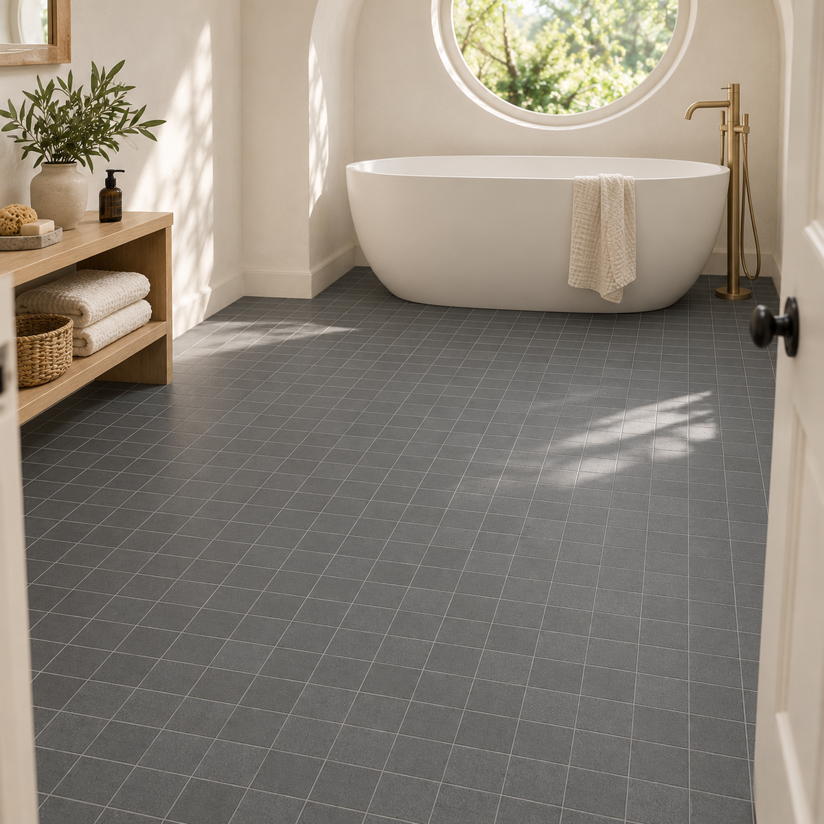 Seattle Antracita 12x12 Mosaic Porcelain Tile – bathroom floor scene with 2x2 mosaic chips