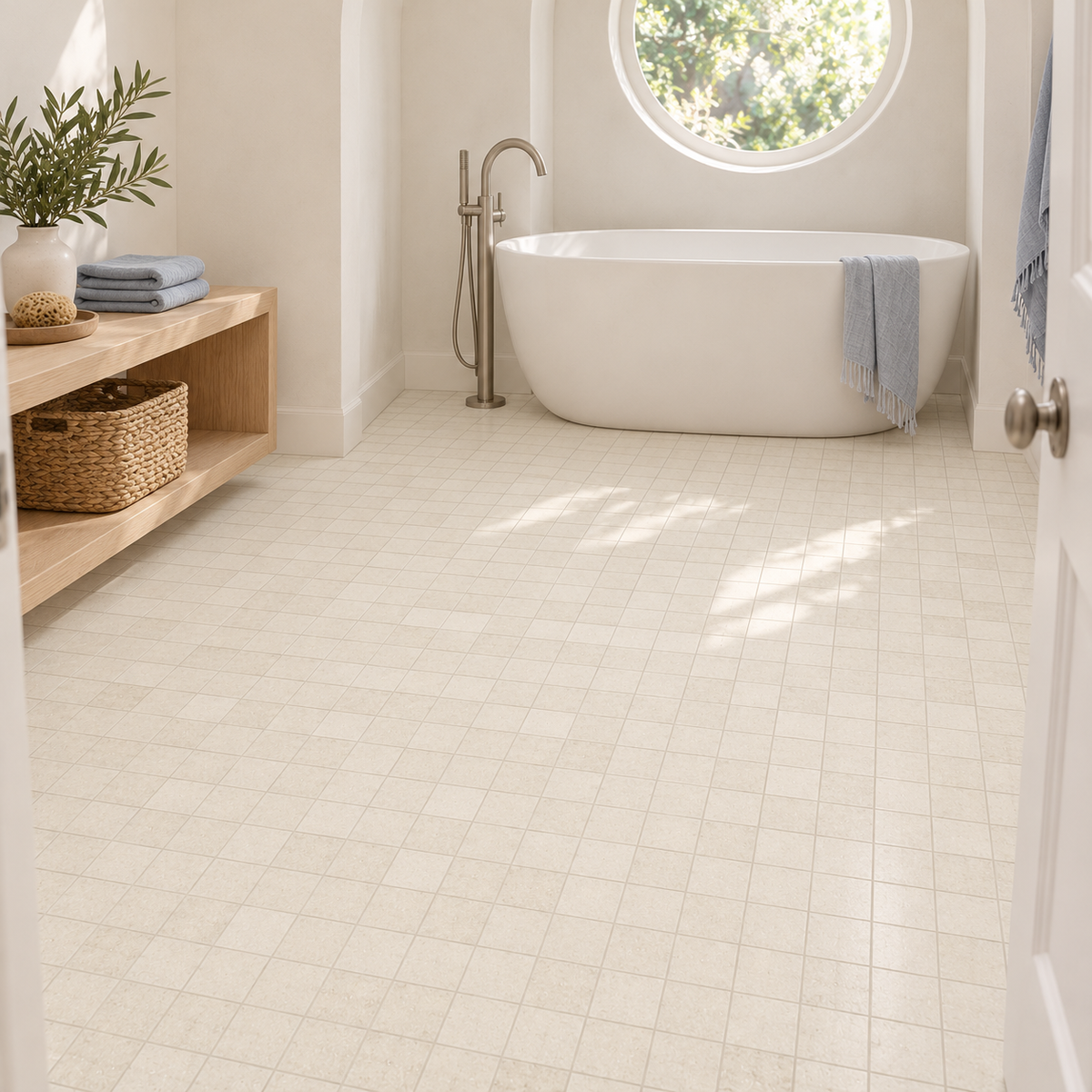 Seattle Blanco 12x12 Mosaic Porcelain Tile – bathroom floor scene with 2x2 mosaic chips