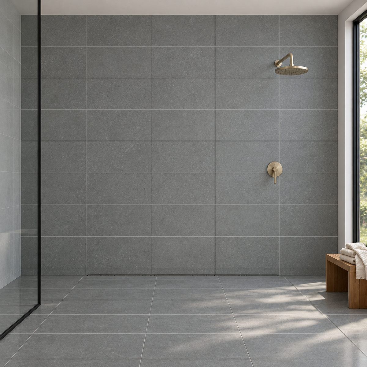 Seattle Graphite 12x24 Porcelain Tile Matte – walk-in shower bathroom with 12x24 tiles