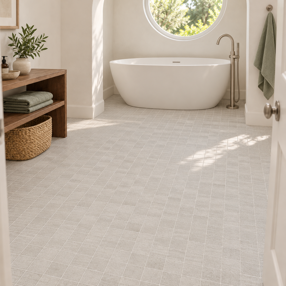 Seattle Gris 12x12 Mosaic Porcelain Tile – bathroom floor scene with 2x2 mosaic chips