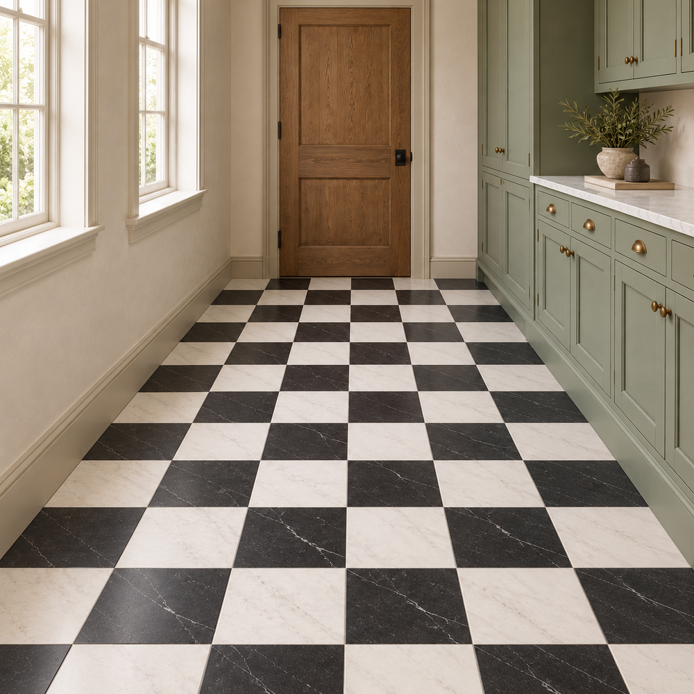 Seda Bianco and Noite 8x8 checkerboard pantry floor