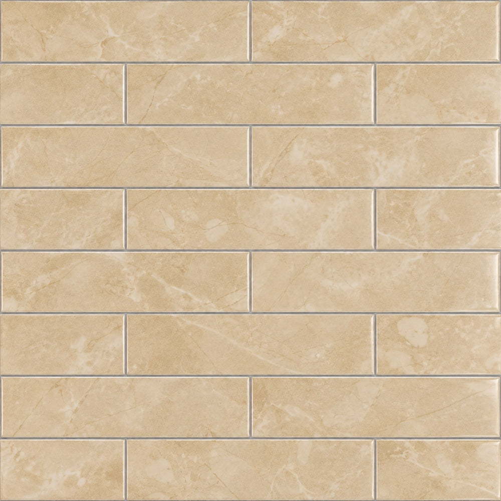 Seda Crema 2x8 Bright Ceramic Tile installed tile close-up