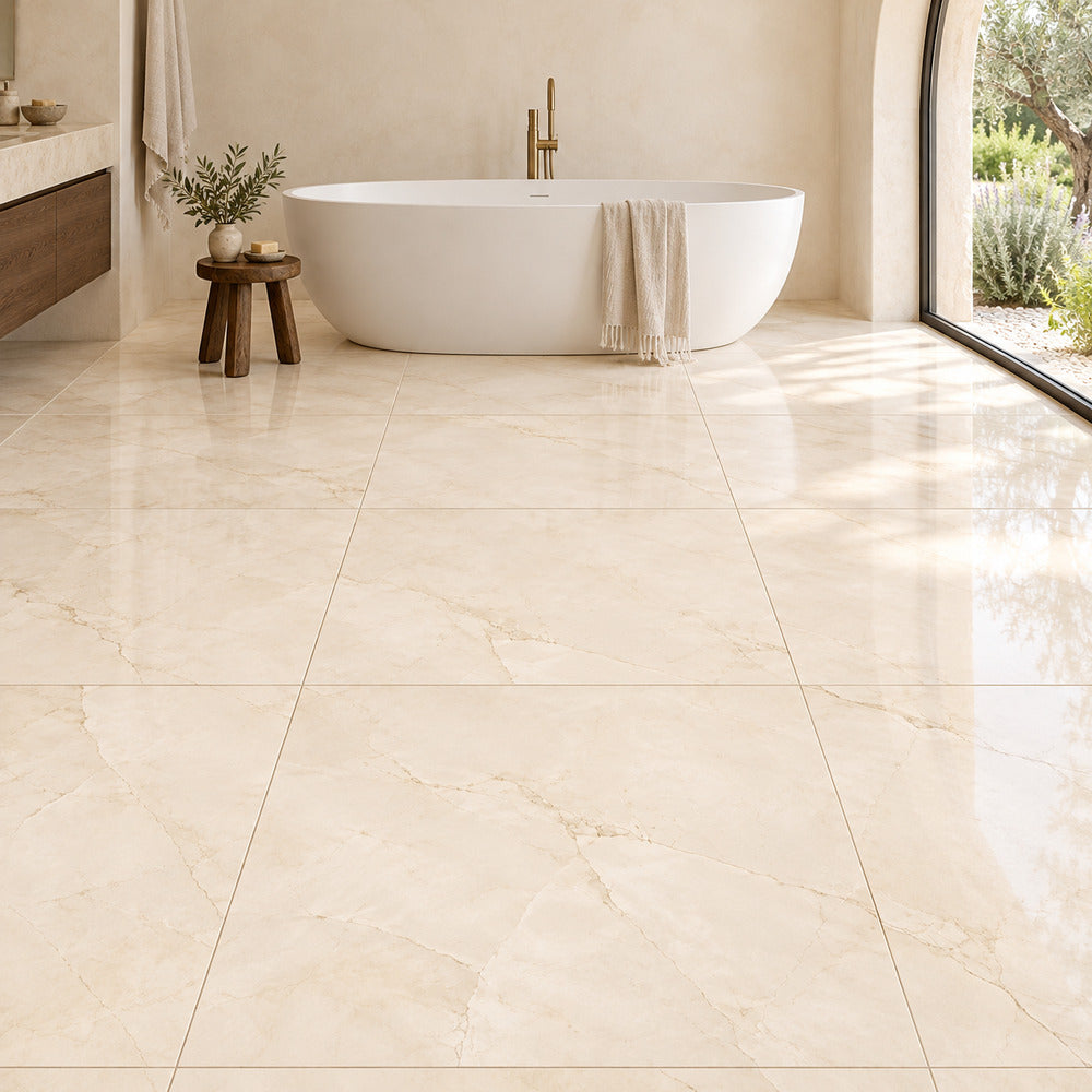 Serene CremaBella 35x35 porcelain tile bathroom tub scene