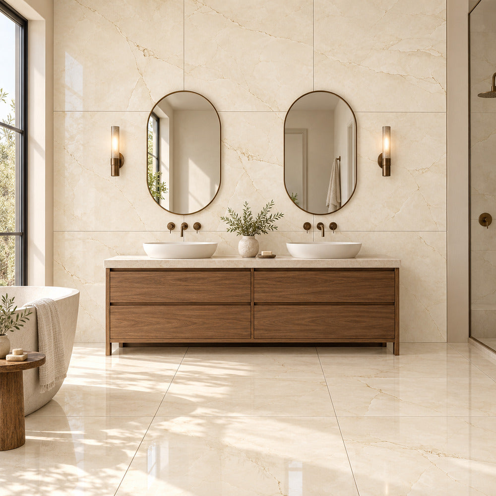 Serene CremaBella 35x35 porcelain tile bathroom vanity scene