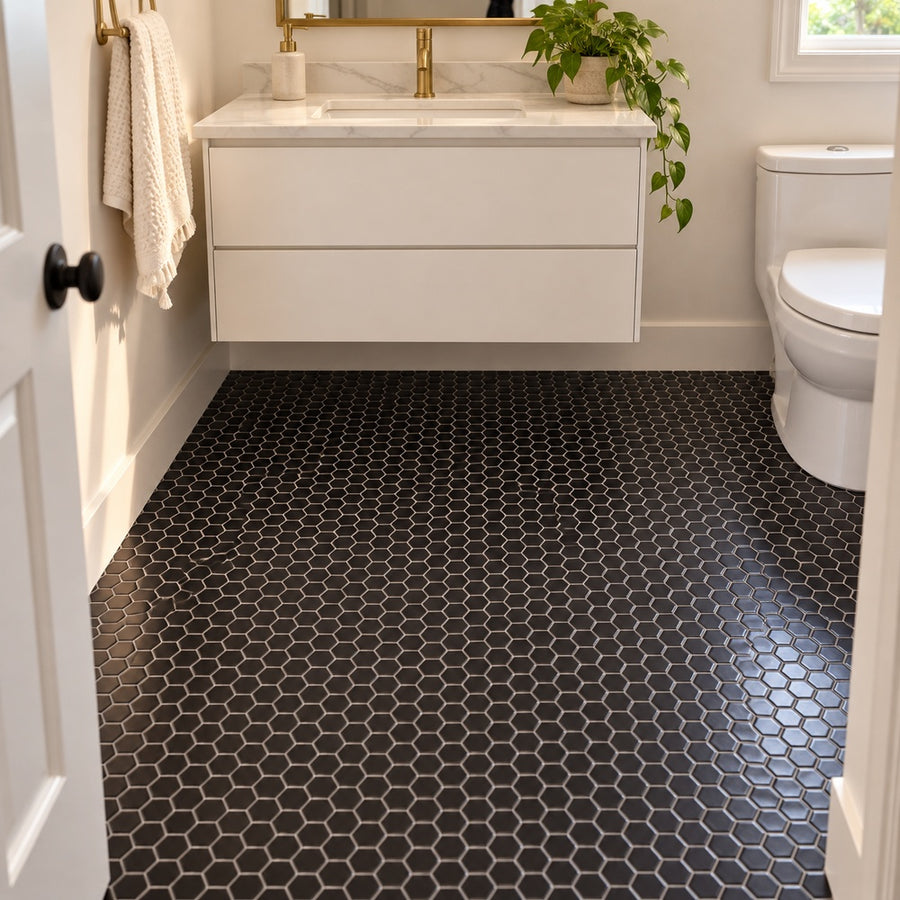 Simple Black 1" Hexagon Ceramic Mosaic Matte