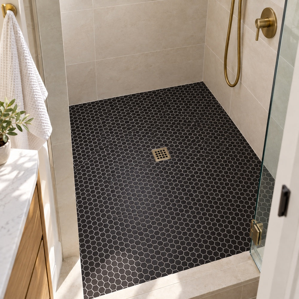 Simple Black 1" Hexagon Ceramic Mosaic Matte installed room scene 2