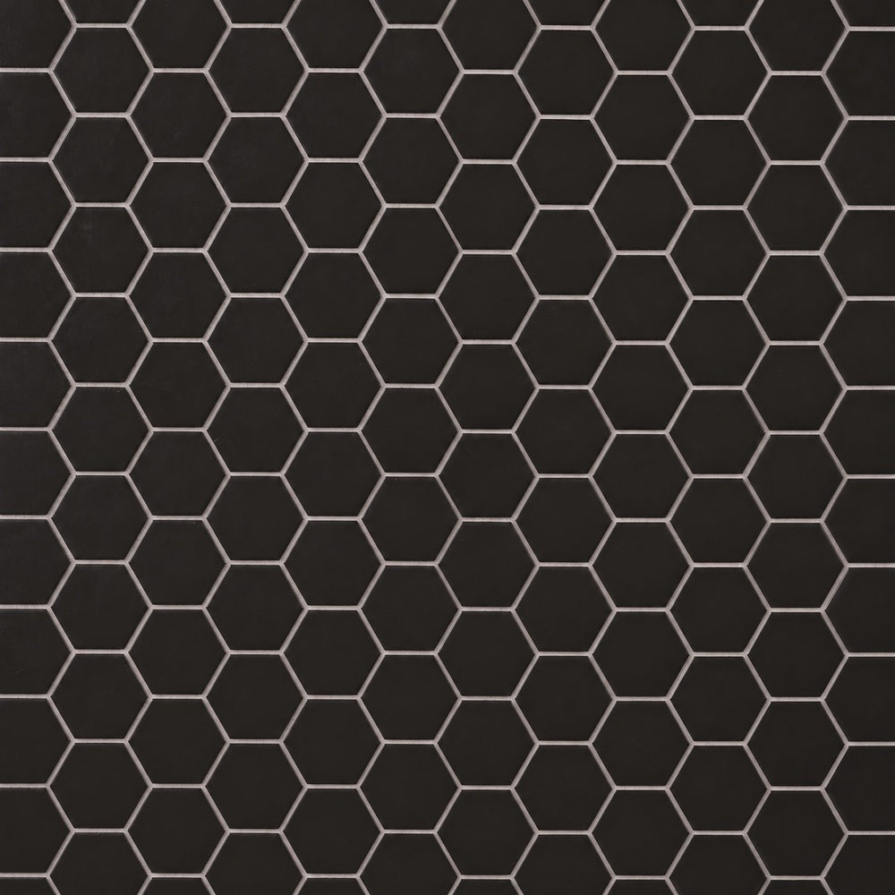 Simple Black 2" Hexagon Ceramic Mosaic Matte close-up