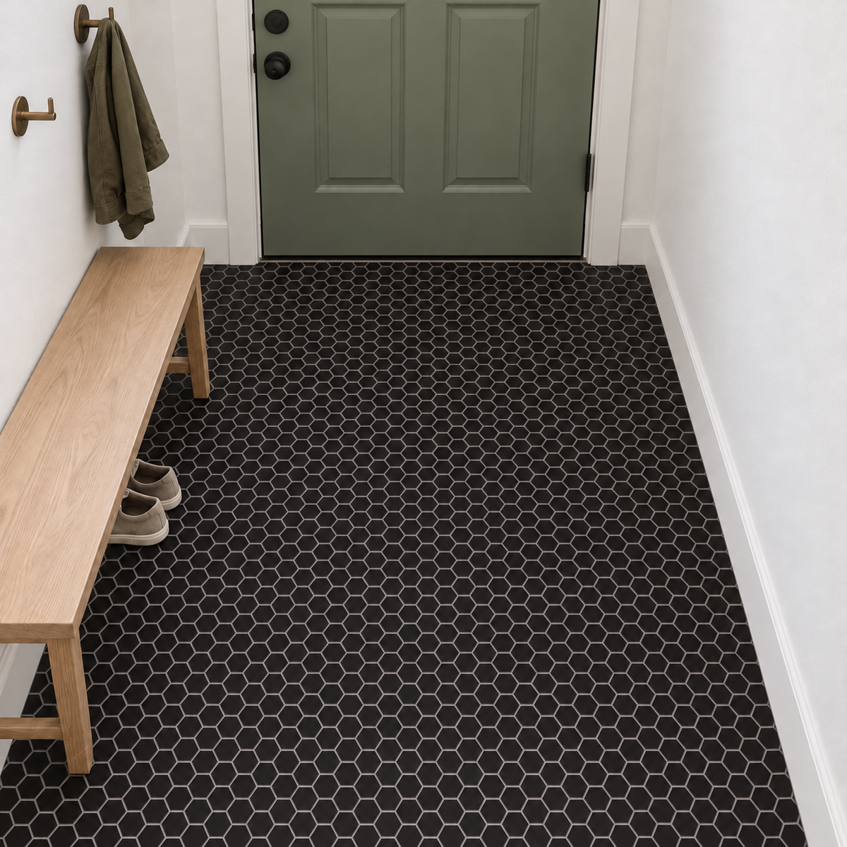Simple Black 2-inch hexagon matte ceramic mosaic installed room scene