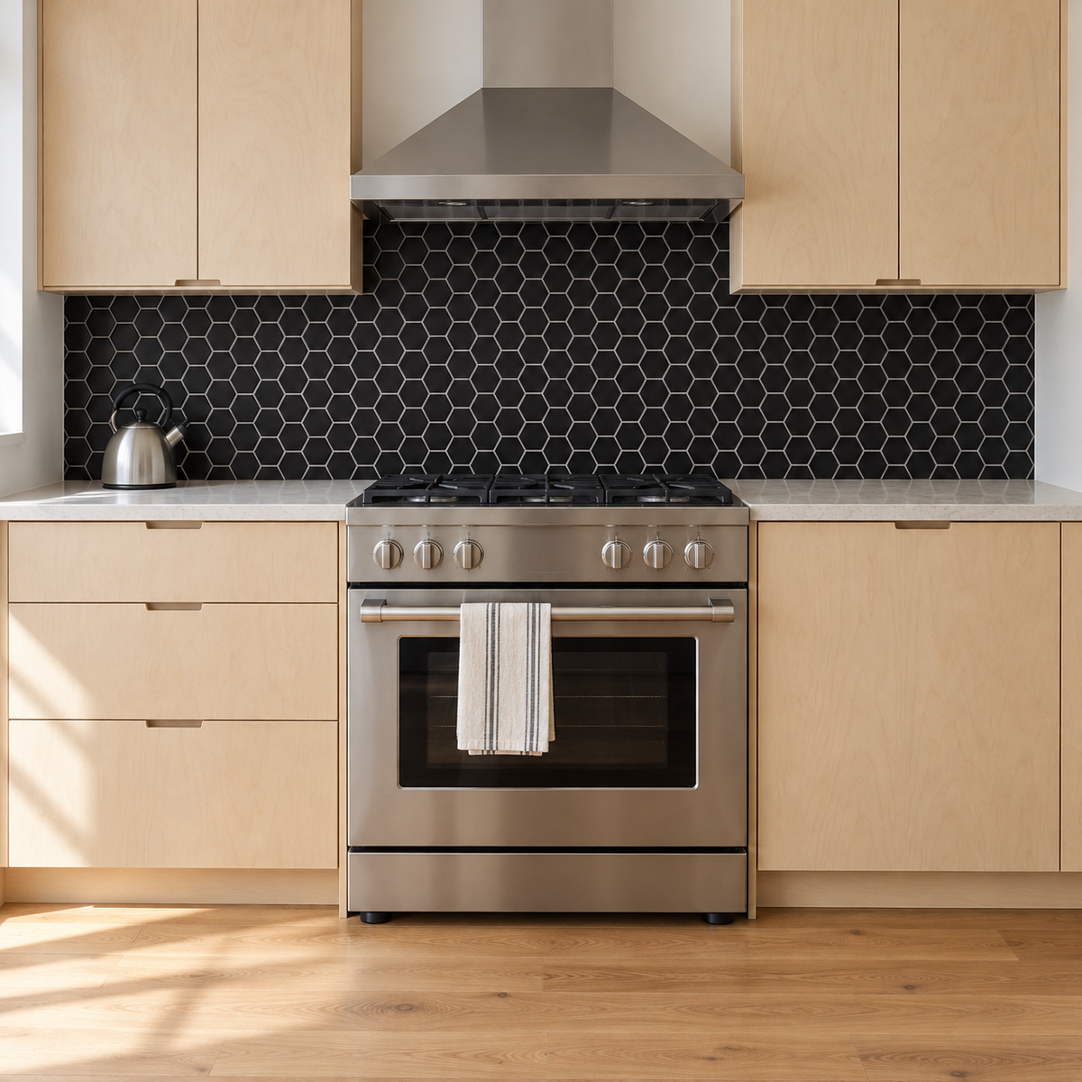 Simple Black 2-inch hexagon matte ceramic mosaic installed room scene