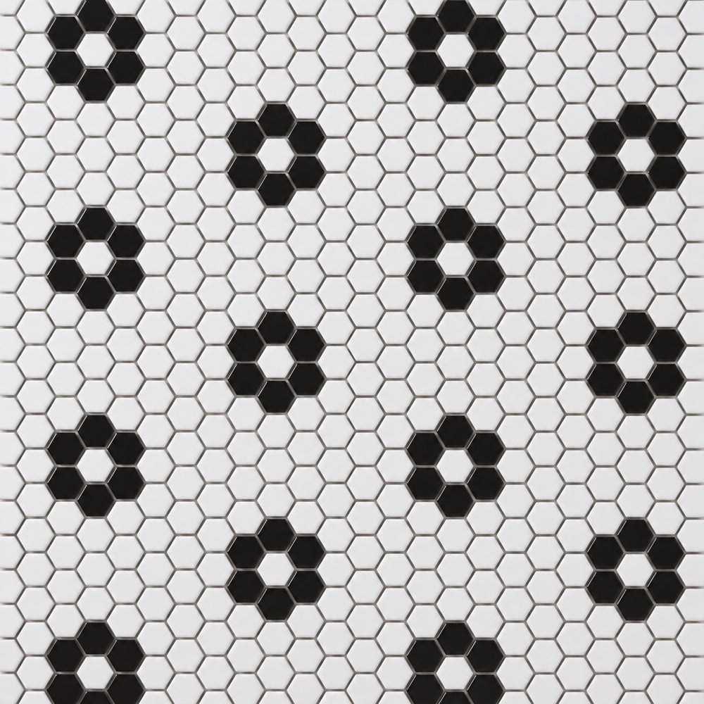 Simple Black and White Flower Hexagon Ceramic Mosaic Matte close-up