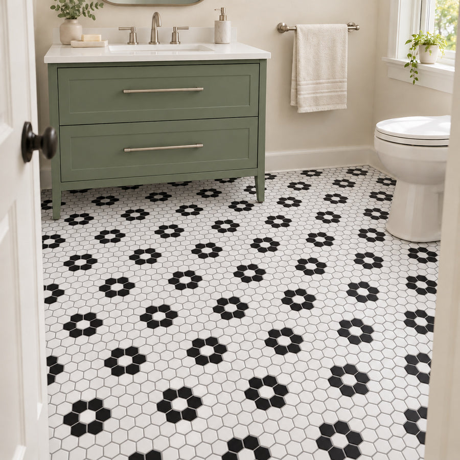 Simple Black and White Flower Hexagon Ceramic Mosaic Matte