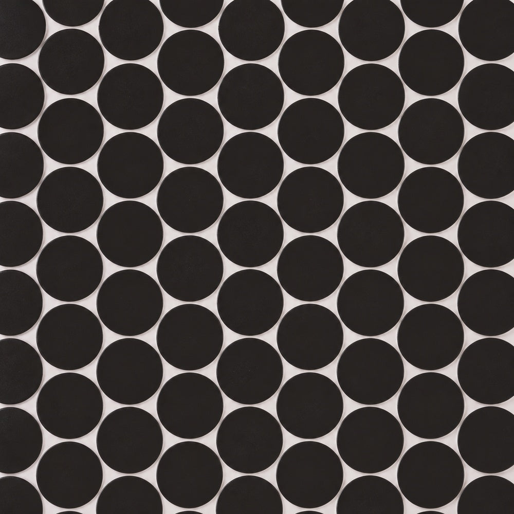 Simple Black Large Penny Round Ceramic Mosaic Matte close-up