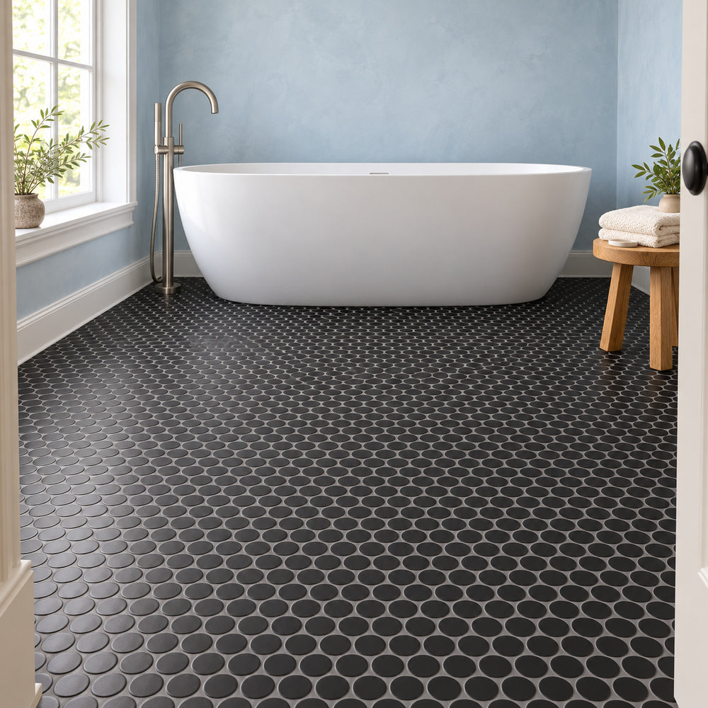 Simple Black Large Penny Round Ceramic Mosaic Matte installed on bathroom floor beside bathtub