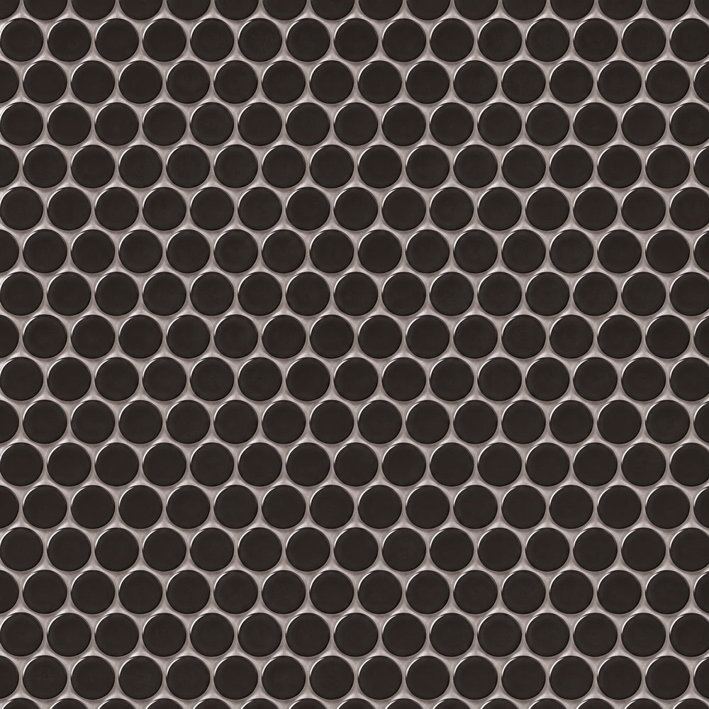 Simple Black Penny Round Ceramic Mosaic close-up