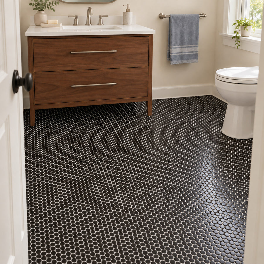 Simple Black Penny Round Ceramic Mosaic