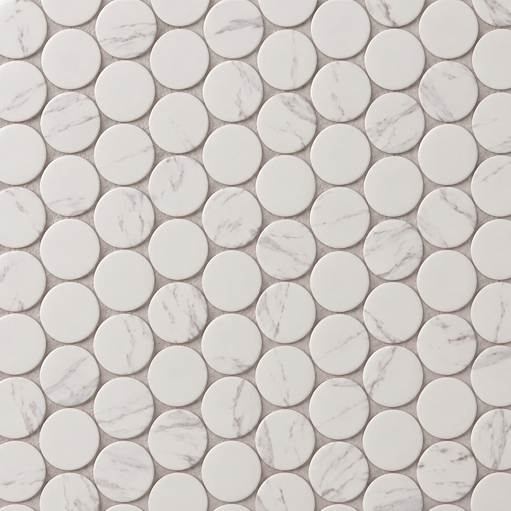 Simple Carrara Blanco Large Penny Round Ceramic Mosaic Matte close-up