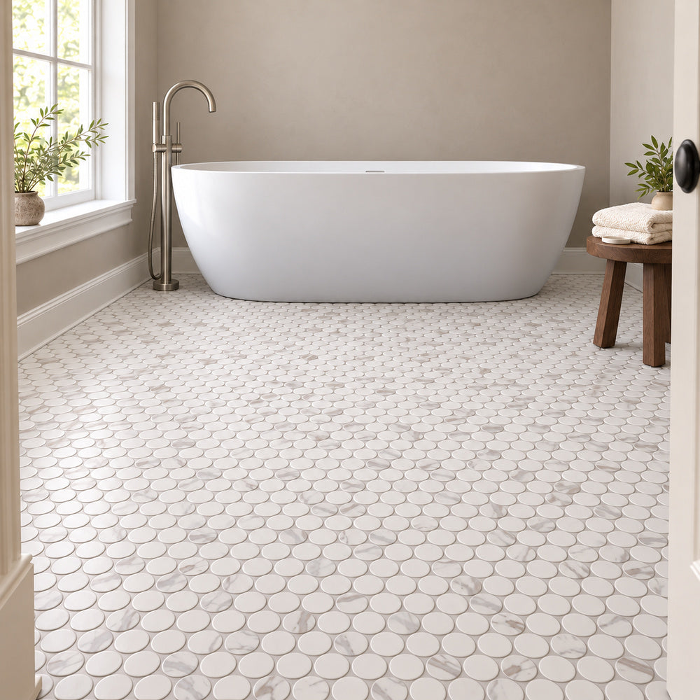 Simple Carrara Blanco Large Penny Round Ceramic Mosaic Matte installed on bathroom floor beside bathtub